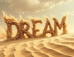 Glowing 3D letters forming the word DREAM, with ethereal lighting effects symbolizing dreams, dreaming visions, and imaginative aspirations