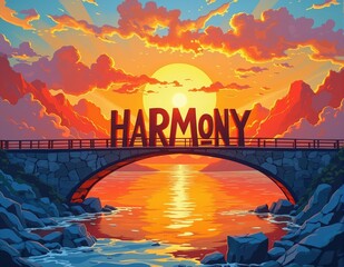 Glowing 3D letters forming the word HARMONY with soft lighting effects, rendered on calm and balanced abstract backgrounds