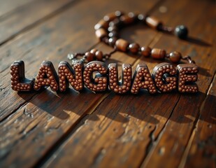 Glowing 3D letters forming the word LANGUAGE, with vibrant lighting effects symbolizing language, linguistic connection, and communication