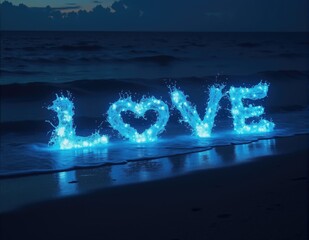 Glowing 3D letters forming the word LOVE, with radiant lighting effects symbolizing love, loving emotions, and heartfelt connections