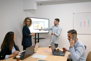 Business team analyzing results during office meeting