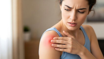 Woman in blue tank holding her shoulder in pain with a red highlighted area indicating discomfort