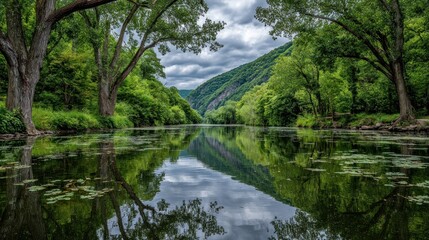 Obraz premium Tranquil river reflecting lush greenery and hills.