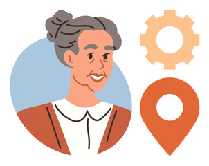 Fototapeta premium Elderly care, navigation, technology, community support, user interface, location-based services. Smiling senior woman next to gear and location marker icons. Elderly care and navigation concept