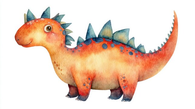 Colorful watercolor dinosaur with blue spikes.