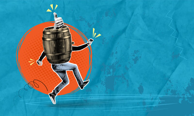 Trendy halftone pop art collage depicting a dancing dude carrying a huge keg of beer and his hand showing a thumbs up gesture during an evening visit to a pub and drinking alcohol; glass with drink; a