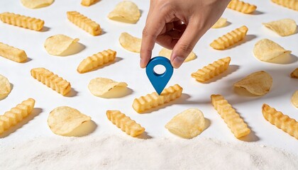 Hand placing blue map pin on crinkle cut fry in potato chip pattern on white