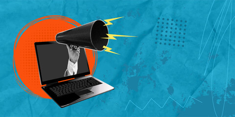 Express your thoughts online. A man's hand with a megaphone protrudes from a laptop. Contemporary design, a collage of modern art. Inspiration, an idea, a fashionable city magazine. Empty space for te