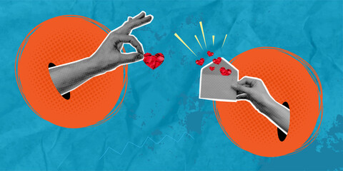A trendy, halftone pop-art collage: hands exchanging hearts from an envelope, against a bright blue background. Valentine's Day concept for gift and greeting card design