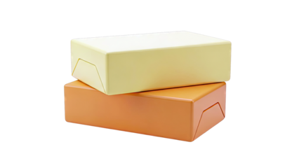 Two wrapped butter sticks, one yellow and one orange, stacked