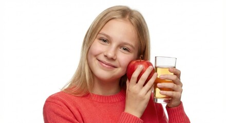Healthy Choice for Kids: Smiling Young Girl Holding Fresh Red Apple and Glass of Natural Apple Juice for Nutritious Snack