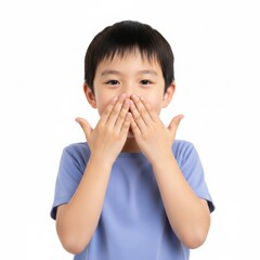 Shhh It is a Secret: Innocent Little Boy Covering Mouth with Hands in Silence and Surprise Concept on Pure White Background