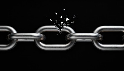 Silver metal chain link shattering into small fragments on black background