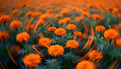 Orange marigold flowers in garden with artistic radial spin blur effect
