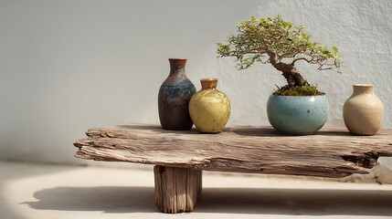 Still life featuring bonsai tree, vases, and wooden base with contrasting light and shadows