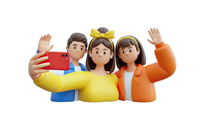Three 3D cartoon friends taking a selfie together