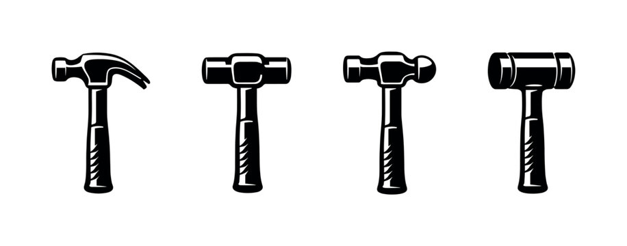 Construction tools vector icons set: hammer and mallet symbols for building design
