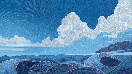 Stylized ocean scene with detailed waves, cloudy sky, artistic rendition in shades of blue