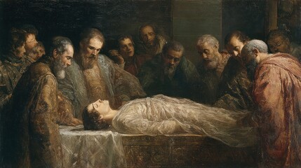 A somber oil painting of a deceased figure surrounded by a concerned group of onlookers