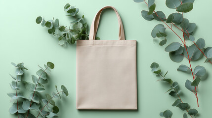 Blank canvas tote bag mockup lying on a light green background with fresh eucalyptus branches, eco friendly and sustainable shopping concept for organic branding and zero waste lifestyle