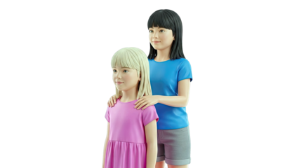 Two young girls, one with blonde hair and pink dress, the other with black hair and blue shirt