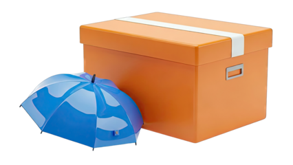 Orange box and blue umbrella on a white background