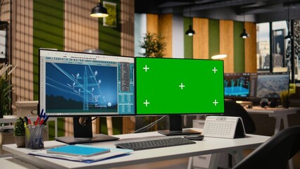 Power line tower CAD design displayed on green screen PC in engineering office used for digital infrastructure planning. Software on mockup computer used for transmission tower system optimization