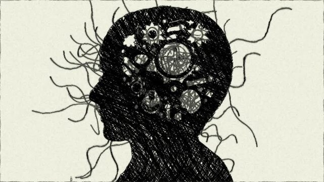 Hand draw animation representing a chaotic mind overthinking or the burdens of stress and anxiety