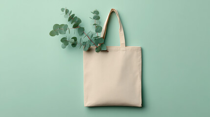Top view of a beige cotton tote bag with eucalyptus leaves on a soft green surface, representation of eco-friendly fashion and sustainable lifestyle for branding mockup