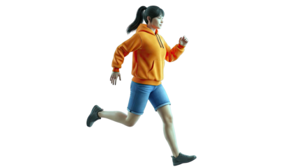 Young woman running in orange hoodie and denim shorts