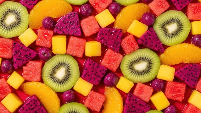 A colorful array of diced fruits, perfect for creating a refreshing mocktail or a vibrant fruit salad