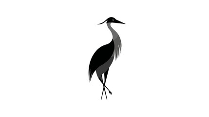 Obraz premium Elegant minimalist stylized bird, long-necked heron or crane standing on one leg. Black and grey vector illustration on white.