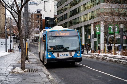 City bus STM in transit on downtown Montreal street in winter. Montreal, Canada - December 18, 2025.