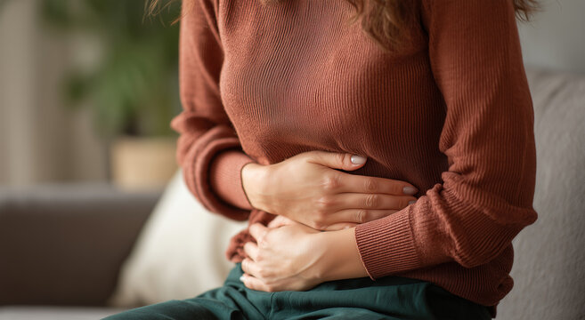 Woman sitting on a sofa holding her abdomen in pain, experiencing stomach cramps or digestive issues at home, medical concept for health symptoms and abdominal discomfort.