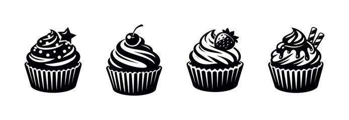 Bakery and desserts vector icons set. cupcakes and sweet treats symbols
