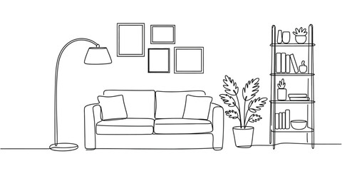 A minimalist living room interior with a couch, lamp, and bookshelf in a simple line drawing style.
