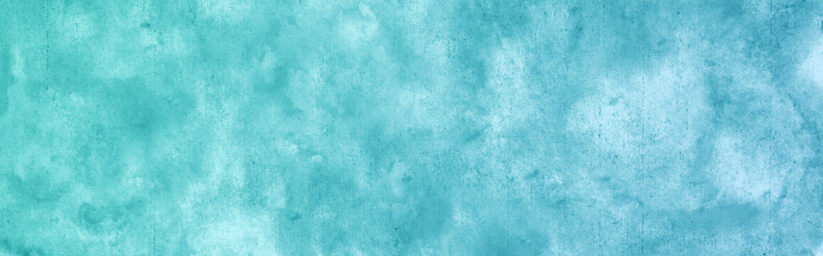 Light blue green sea teal mint turquoise aqua cyan abstract pattern watercolor. Color gradient. Colorful art background. Brush splash daub stain grunge. Empty space design ad. Wide banner. Panoramic.
