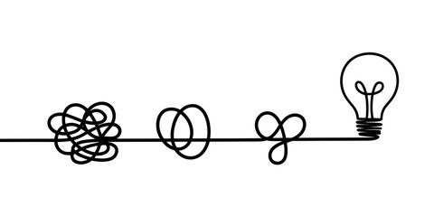A creative illustration of a lightbulb connected to a tangled wire turning into an organized thought process