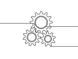 A simple line drawing of three interlocking gears on a white background
