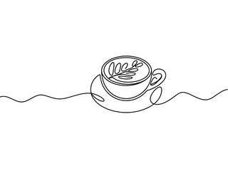 A simple line drawing of a cup of coffee with a leaf design on top
