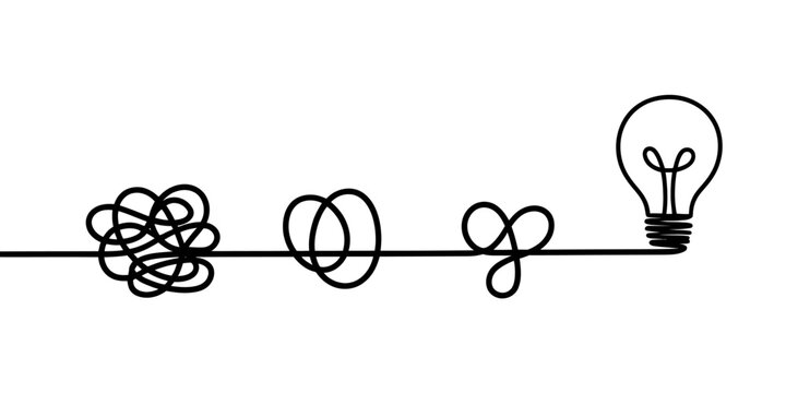 A creative illustration of a lightbulb connected to a tangled wire turning into an organized thought process