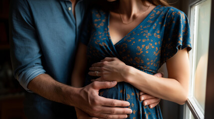 Faceless pregnant woman with partner in denim embracing at home, intimate couple maternity photography, prenatal bonding moment, expecting parents lifestyle, domestic pregnancy