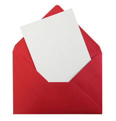 Red Envelope with Blank White Card Isolated on White Background. Minimal Birthday Stationery Mockup for Invitation, Greeting Card, Wedding, Valentines Day Holiday or Business Branding. Love