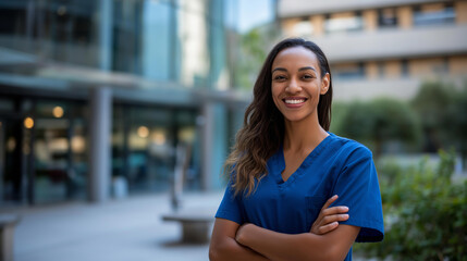 Young Black nurse outdoors by modern hospital, faceless confident healthcare portrait, blue scrubs uniform, medical professional photography, exterior clinical building