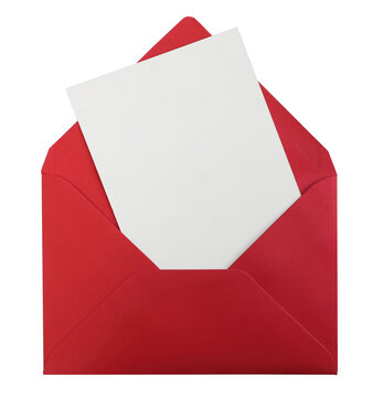 Red Envelope with Blank White Card Isolated on White Background. Minimal Birthday Stationery Mockup for Invitation, Greeting Card, Wedding, Valentines Day Holiday or Business Branding. Love