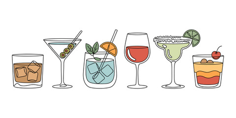 A colorful illustration of various cocktails and drinks on a white background