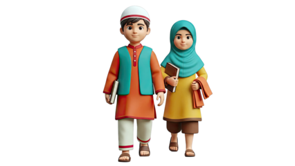 Muslim Children with Books and Prayer Rug