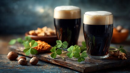Two pints of dark stout beer with creamy foam sit on a wooden platter with shamrocks