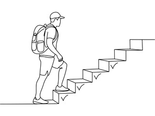 A man with a backpack is climbing a staircase with checkmarks on each step