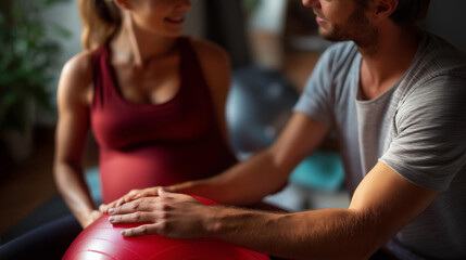 Pregnant woman sitting on fitness ball with partner, faceless home wellness scene, hands on belly, prenatal exercise preparation, birthing class concept, maternity health, with